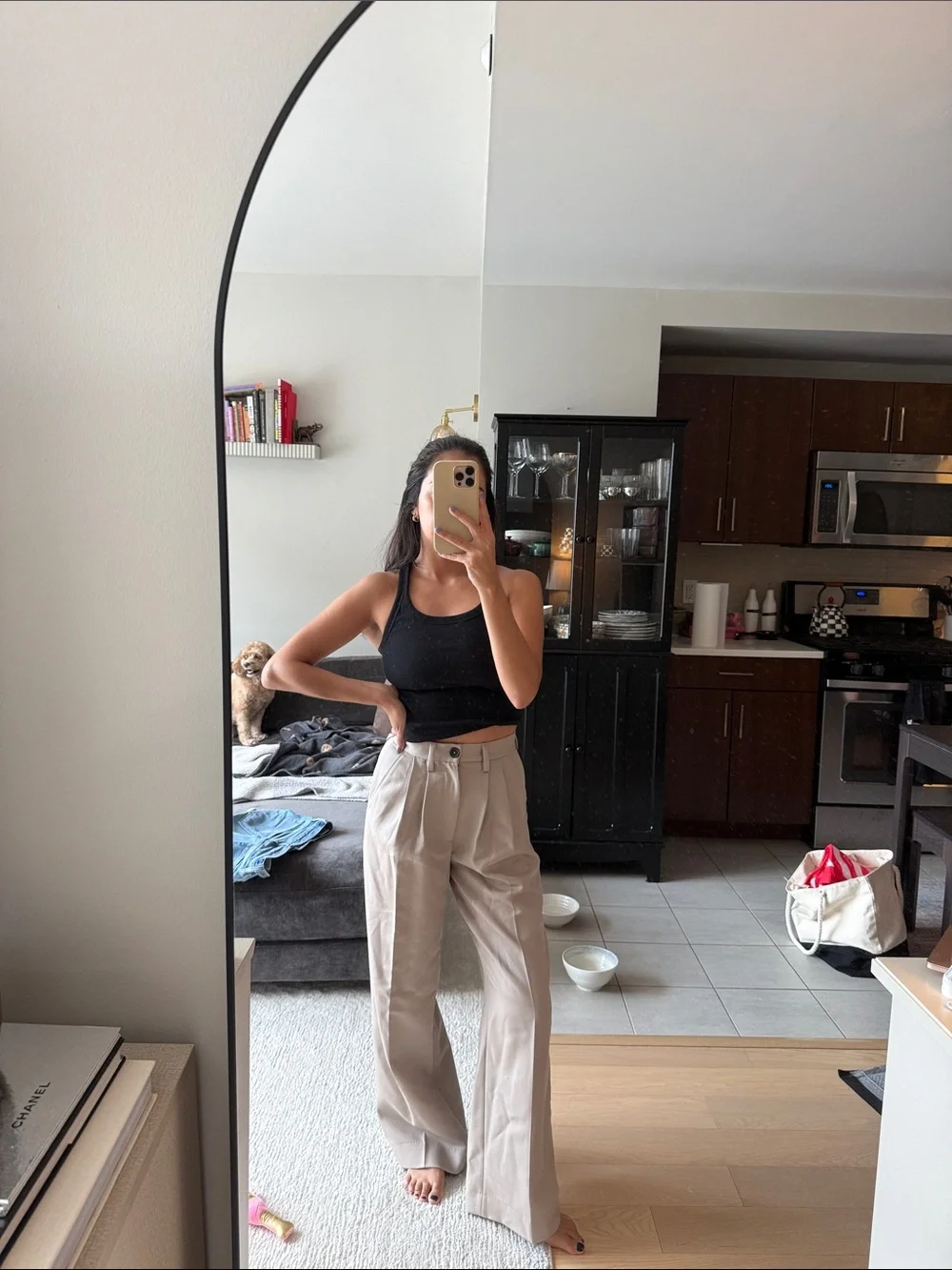 Anine Bing Cream & Green Wide-Leg High-Waist Trousers